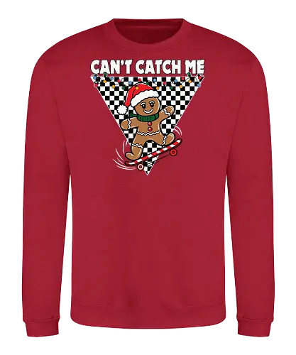 Can't Catch Me - gingerbread, skateboarding, santa hat, christmas, checkered, holiday, playful, graphic, festive, slogan - Sweatshirt