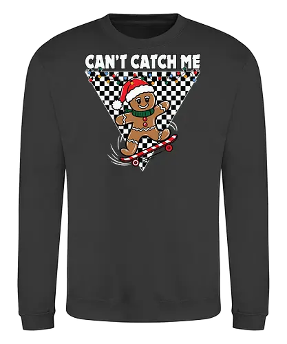 Can't Catch Me - gingerbread, skateboarding, santa hat, christmas, checkered, holiday, playful, graphic, festive, slogan - Sweatshirt