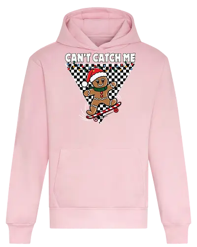 Can't Catch Me - gingerbread, skateboarding, santa hat, christmas, checkered, holiday, playful, graphic, festive, slogan - Heavyweight Hoodie