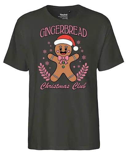 Gingerbread Christmas Club - gingerbread man, santa hat, christmas, festive, holiday, smile, snowflakes, club, leaves - Fairtrade T-Shirt