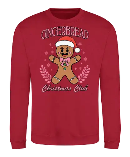 Gingerbread Christmas Club - gingerbread man, santa hat, christmas, festive, holiday, smile, snowflakes, club, leaves - Sweatshirt