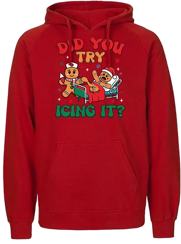 Did you try icing it? - injury, holiday, bandage, lettering, cartoon, gingerbread, nurse, hospital, humorous, christmas - Fairtrade Hoodie