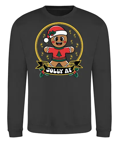 Jolly AF - gingerbread, santa hat, christmas sweater, holiday cheer, stars, holly, christmas, festive, cartoon, joy. - Sweatshirt