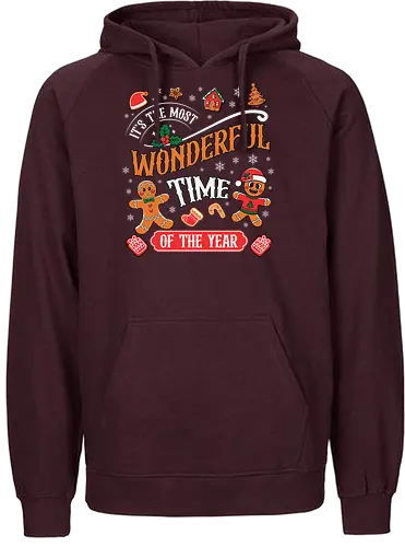 It's the Most Wonderful Time of the Year - holiday, christmas, gingerbread, festive, snowflakes, decorations, celebration, cheerful, winter, typography - Fairtrade Hoodie