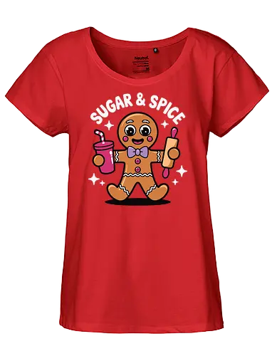 Sugar & Spice - gingerbread, cute, drink, rolling pin, stars, cartoon, baking, dessert, happy, fun - Fairtrade Girl Shirt