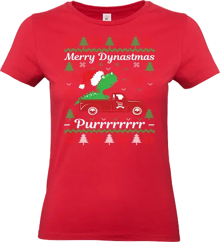 Merry Dynastmas - Purrrrrrrr - dinosaur, santa hat, christmas, holiday, festive, truck, snowflakes, trees, humor, green - Standard T-Shirt (Frauen)