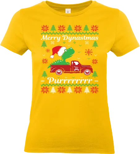 Merry Dynastmas - Purrrrrrrr - dinosaur, santa hat, christmas, holiday, festive, truck, snowflakes, trees, humor, green - Standard T-Shirt (Frauen)