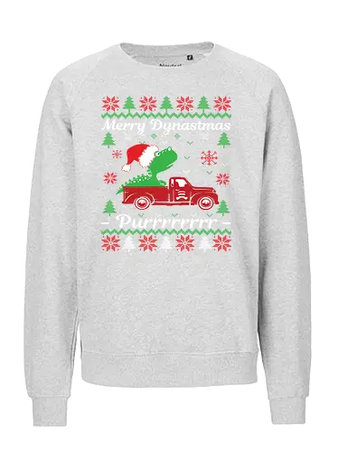 Merry Dynastmas - Purrrrrrrr - dinosaur, santa hat, christmas, holiday, festive, truck, snowflakes, trees, humor, green - Fairtrade Sweatshirt