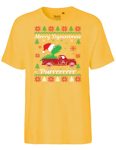 Merry Dynastmas - Purrrrrrrr - dinosaur, santa hat, christmas, holiday, festive, truck, snowflakes, trees, humor, green - Fairtrade T-Shirt