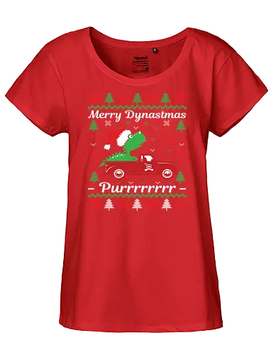 Merry Dynastmas - Purrrrrrrr - dinosaur, santa hat, christmas, holiday, festive, truck, snowflakes, trees, humor, green - Fairtrade Girl Shirt