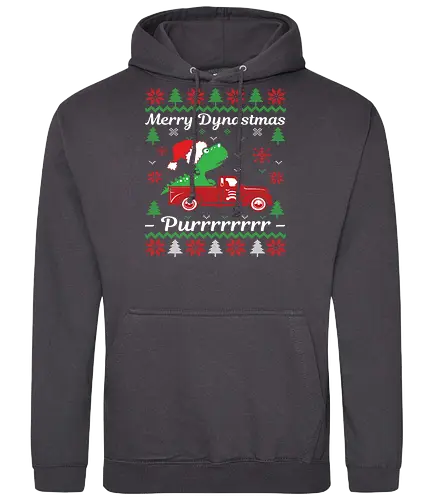 Merry Dynastmas - Purrrrrrrr - dinosaur, santa hat, christmas, holiday, festive, truck, snowflakes, trees, humor, green - Standard Hoodie