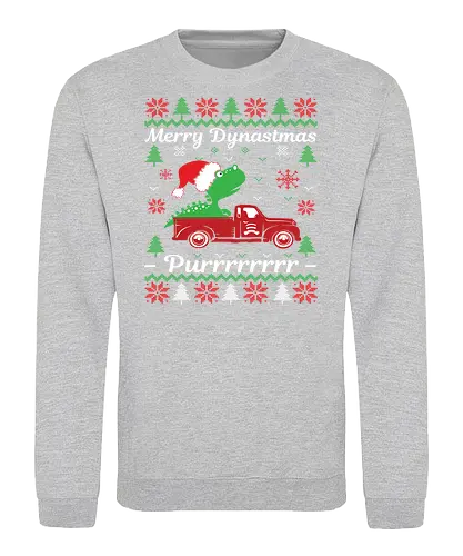 Merry Dynastmas - Purrrrrrrr - dinosaur, santa hat, christmas, holiday, festive, truck, snowflakes, trees, humor, green - Sweatshirt
