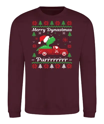Merry Dynastmas - Purrrrrrrr - dinosaur, santa hat, christmas, holiday, festive, truck, snowflakes, trees, humor, green - Sweatshirt
