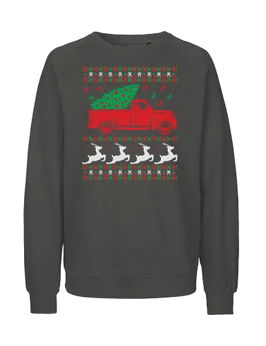 Festive sweater design - christmas, truck, tree, festive, sweater, reindeer, winter, holiday, knit, red - Fairtrade Sweatshirt