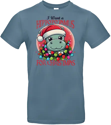 I Want a Hippopotamus for Christmas - hippo, santa hat, christmas lights, cute, wreath, holiday, festive, cartoon, fun - Standard T-Shirt
