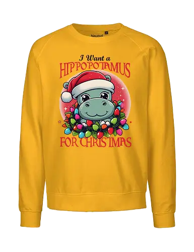 I Want a Hippopotamus for Christmas - hippo, santa hat, christmas lights, cute, wreath, holiday, festive, cartoon, fun - Fairtrade Sweatshirt