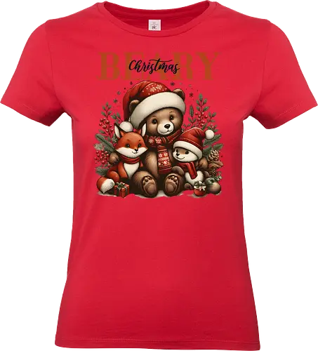 Beary Christmas - christmas, bear, fox, rabbit, santa hats, gifts, festive, holiday, foliage, cute - Standard T-Shirt (Frauen)