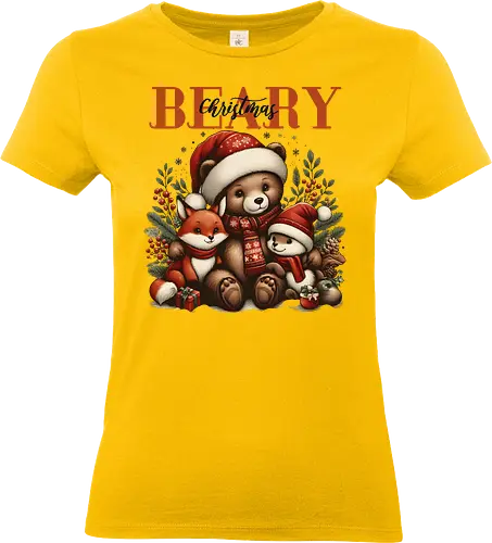 Beary Christmas - christmas, bear, fox, rabbit, santa hats, gifts, festive, holiday, foliage, cute - Standard T-Shirt (Frauen)