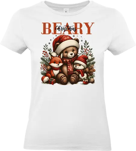 Beary Christmas - christmas, bear, fox, rabbit, santa hats, gifts, festive, holiday, foliage, cute - Standard T-Shirt (Frauen)