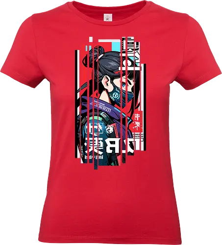 Cyborg Japan rot blau - Japan, Mädchen, indisch, lm2kone, cool, neueste, Popart, Pop Art, japanisch, amerikanisch, indisch, futuristisch, Kanji, Frau, ästhetisch, Sonnenuntergang, großartig, cyborg, rot, cyberpunk - Standard T-Shirt (Frauen)