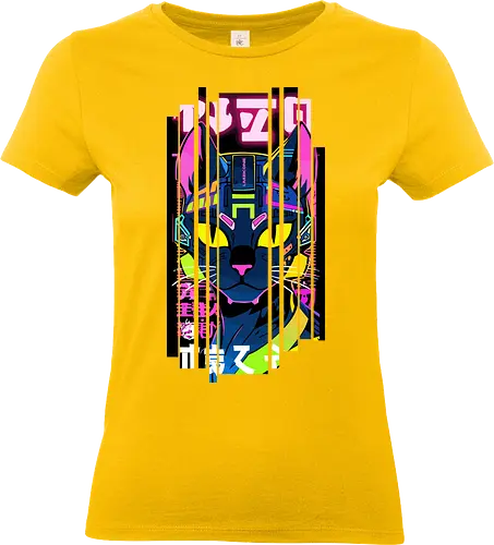 Cyborg-Katze Neon - Japan, Mädchen, indisch, lm2kone, cool, neueste, Popart, Pop Art, japanisch, amerikanisch, indisch, futuristisch, Kanji, Frau, ästhetisch, Sonnenuntergang, großartig, cyborg, rot, cyberpunk, neon, katze - Standard T-Shirt (Frauen)