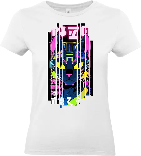 Cyborg-Katze Neon - Japan, Mädchen, indisch, lm2kone, cool, neueste, Popart, Pop Art, japanisch, amerikanisch, indisch, futuristisch, Kanji, Frau, ästhetisch, Sonnenuntergang, großartig, cyborg, rot, cyberpunk, neon, katze - Standard T-Shirt (Frauen)