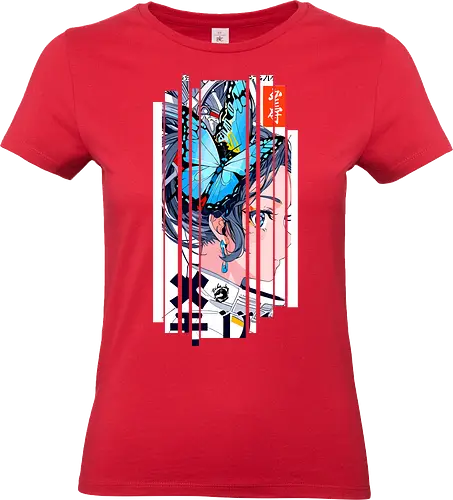 Cyborg-Mädchen-Schmetterlinge - Japan, Mädchen, indisch, lm2kone, cool, neueste, Popart, Pop Art, japanisch, amerikanisch, indisch, futuristisch, Kanji, Frau, ästhetisch, Sonnenuntergang, großartig, Mädchen, Schmetterlinge, Cyborg - Standard T-Shirt (Frauen)