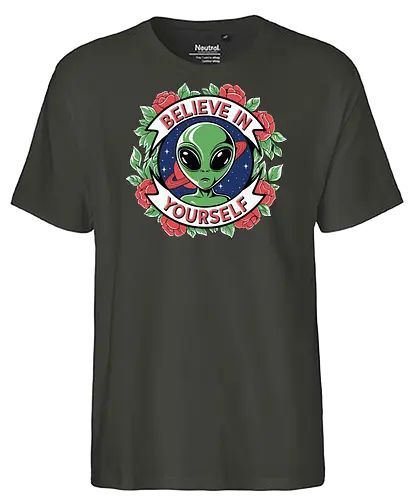 Believe in Yourself - alien, motivational, roses, floral, green, red, space, stars - Fairtrade T-Shirt