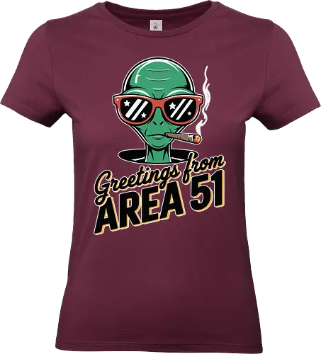 Greetings from Area 51 - extraterrestrial, grey, red, alien, area 51, sunglasses, cigar, humor, stars - Standard T-Shirt (Frauen)
