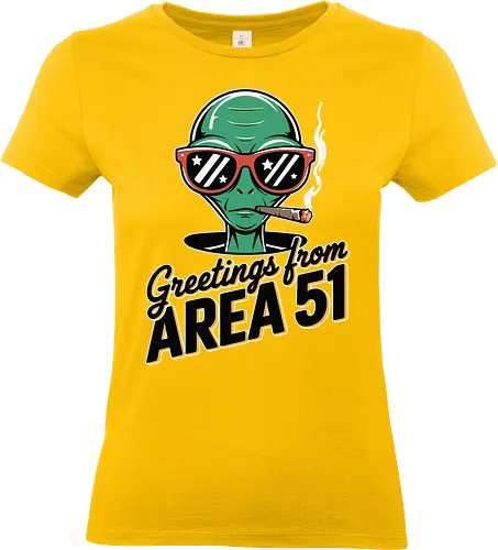 Greetings from Area 51 - extraterrestrial, grey, red, alien, area 51, sunglasses, cigar, humor, stars - Standard T-Shirt (Frauen)