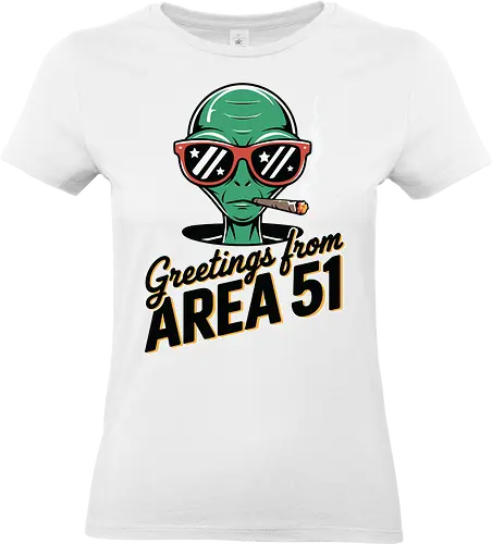 Greetings from Area 51 - extraterrestrial, grey, red, alien, area 51, sunglasses, cigar, humor, stars - Standard T-Shirt (Frauen)