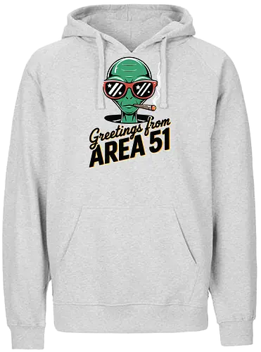 Greetings from Area 51 - extraterrestrial, grey, red, alien, area 51, sunglasses, cigar, humor, stars - Fairtrade Hoodie