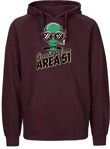 Greetings from Area 51 - extraterrestrial, grey, red, alien, area 51, sunglasses, cigar, humor, stars - Fairtrade Hoodie