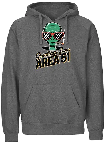 Greetings from Area 51 - extraterrestrial, grey, red, alien, area 51, sunglasses, cigar, humor, stars - Fairtrade Hoodie