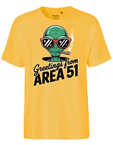 Greetings from Area 51 - extraterrestrial, grey, red, alien, area 51, sunglasses, cigar, humor, stars - Fairtrade T-Shirt