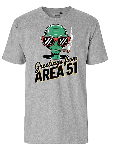 Greetings from Area 51 - extraterrestrial, grey, red, alien, area 51, sunglasses, cigar, humor, stars - Fairtrade T-Shirt