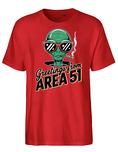 Greetings from Area 51 - extraterrestrial, grey, red, alien, area 51, sunglasses, cigar, humor, stars - Fairtrade T-Shirt