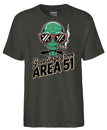 Greetings from Area 51 - extraterrestrial, grey, red, alien, area 51, sunglasses, cigar, humor, stars - Fairtrade T-Shirt