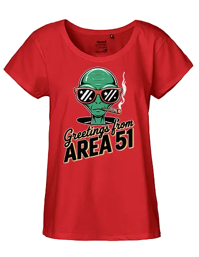 Greetings from Area 51 - extraterrestrial, grey, red, alien, area 51, sunglasses, cigar, humor, stars - Fairtrade Girl Shirt
