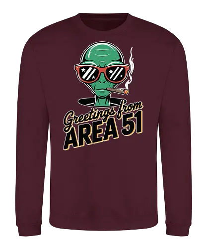 Greetings from Area 51 - extraterrestrial, grey, red, alien, area 51, sunglasses, cigar, humor, stars - Sweatshirt