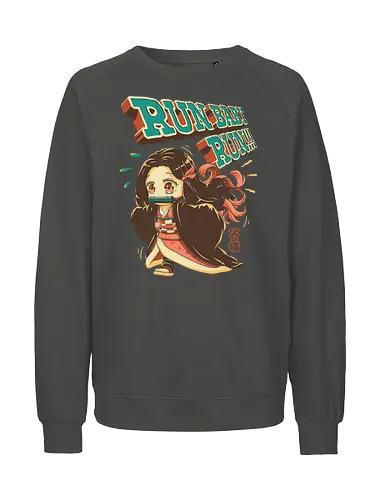 Run Baby Run! - Slayer, cute demon, zenitsu, tanjiro, demon, chibi, cute, kawaii, oni girl, kny, demon hunter, pop art, anime, vintage, retro, manga, otaku, weeb - Fairtrade Sweatshirt
