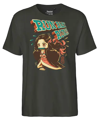 Run Baby Run! - Slayer, cute demon, zenitsu, tanjiro, demon, chibi, cute, kawaii, oni girl, kny, demon hunter, pop art, anime, vintage, retro, manga, otaku, weeb - Fairtrade T-Shirt