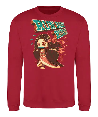 Run Baby Run! - Slayer, cute demon, zenitsu, tanjiro, demon, chibi, cute, kawaii, oni girl, kny, demon hunter, pop art, anime, vintage, retro, manga, otaku, weeb - Sweatshirt