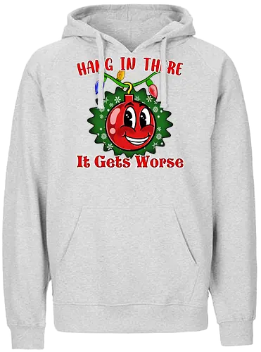 Hang In There Christmas Ball Sarcasm (Häng dich rein Christbaumkugel Sarkasmus) - Cartoon, hässlicher Weihnachtspullover, Fröhliche Weihnachten, Witz, Illustration, Design, hang in there, it gets worse, classic animation, hang in there it gets worse, Schmuckstück, Heiligabend, urkomisch, Wortspiel, inspirierend, schwarzer Humor, vintage, retro, Häng dich rein, motivierend, es wird schlimmer, Weihnachten, X-Mas, lustig, Sarkasmus, sarkastisch, Humor, Kugel, Christbaumkugel - Fairtrade Hoodie