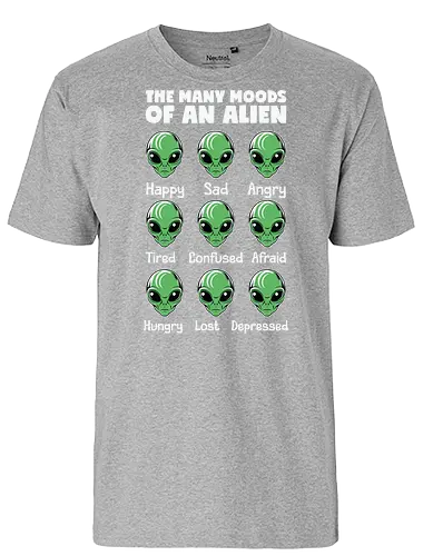 The many moods of an alien - alien, emotions, humor, expression, moods, green, faces, cartoon - Fairtrade T-Shirt