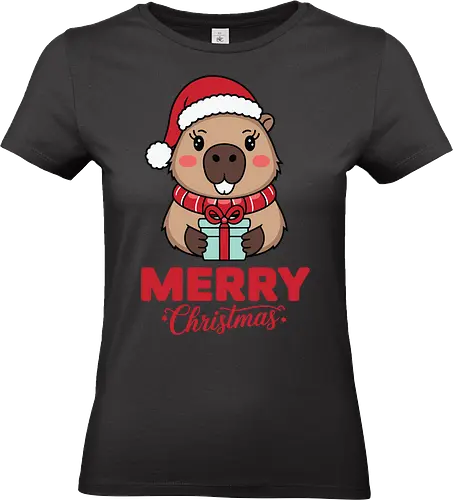 Merry Christmas - capybara, christmas, santa hat, gift, cute, holiday, cartoon, festive, scarf - Standard T-Shirt (Frauen)