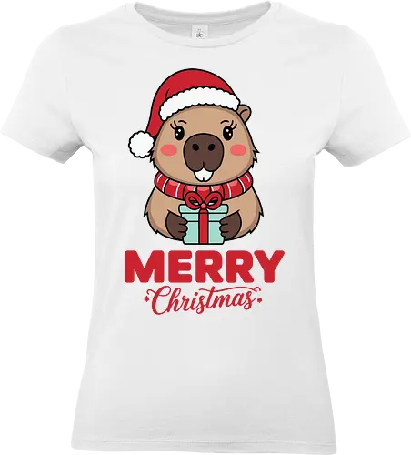 Merry Christmas - capybara, christmas, santa hat, gift, cute, holiday, cartoon, festive, scarf - Standard T-Shirt (Frauen)