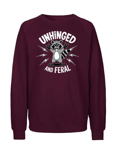 Unhinged and Feral - raccoon, unhinged, feral, cartoon, lightning, mischievous, playful - Fairtrade Sweatshirt
