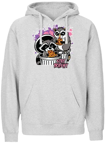 Stay Trashy - raccoons, pizza, trash cans, humor, playful, colorful, street style, cartoon, slogan, mischievous - Fairtrade Hoodie