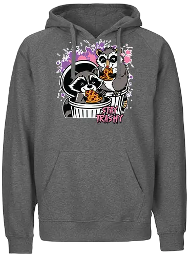 Stay Trashy - raccoons, pizza, trash cans, humor, playful, colorful, street style, cartoon, slogan, mischievous - Fairtrade Hoodie